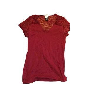 Burgundy V-Neck Shirt with See-Through Lace Detail